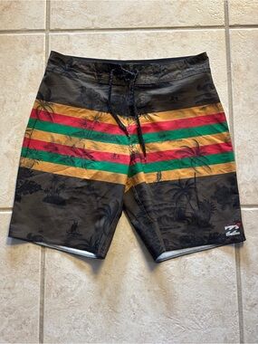 Billabong Men’s Black Boardshorts with Red, Green & Gold Stripes